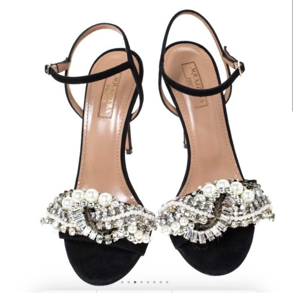 Aquazzura Black Suede Leather Crystal Embellished Ankle Strap Sandals Size 38
